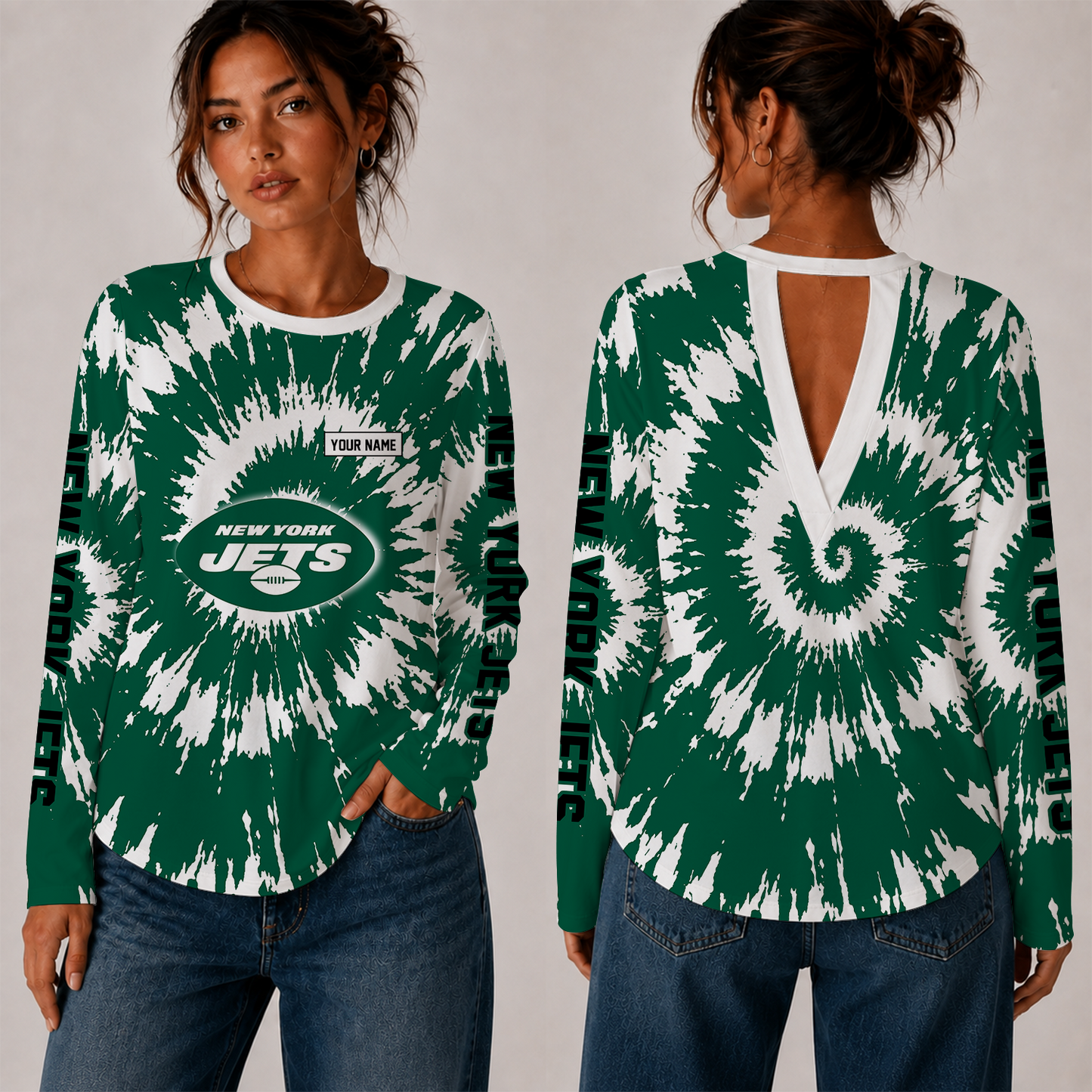 [SPECIAL OFFER] NEW CUSTOMIZED NFL25 NYJ NEW YORK JETS WOMEN'S BACK V-CUT LONG-SLEEVE SHIRT