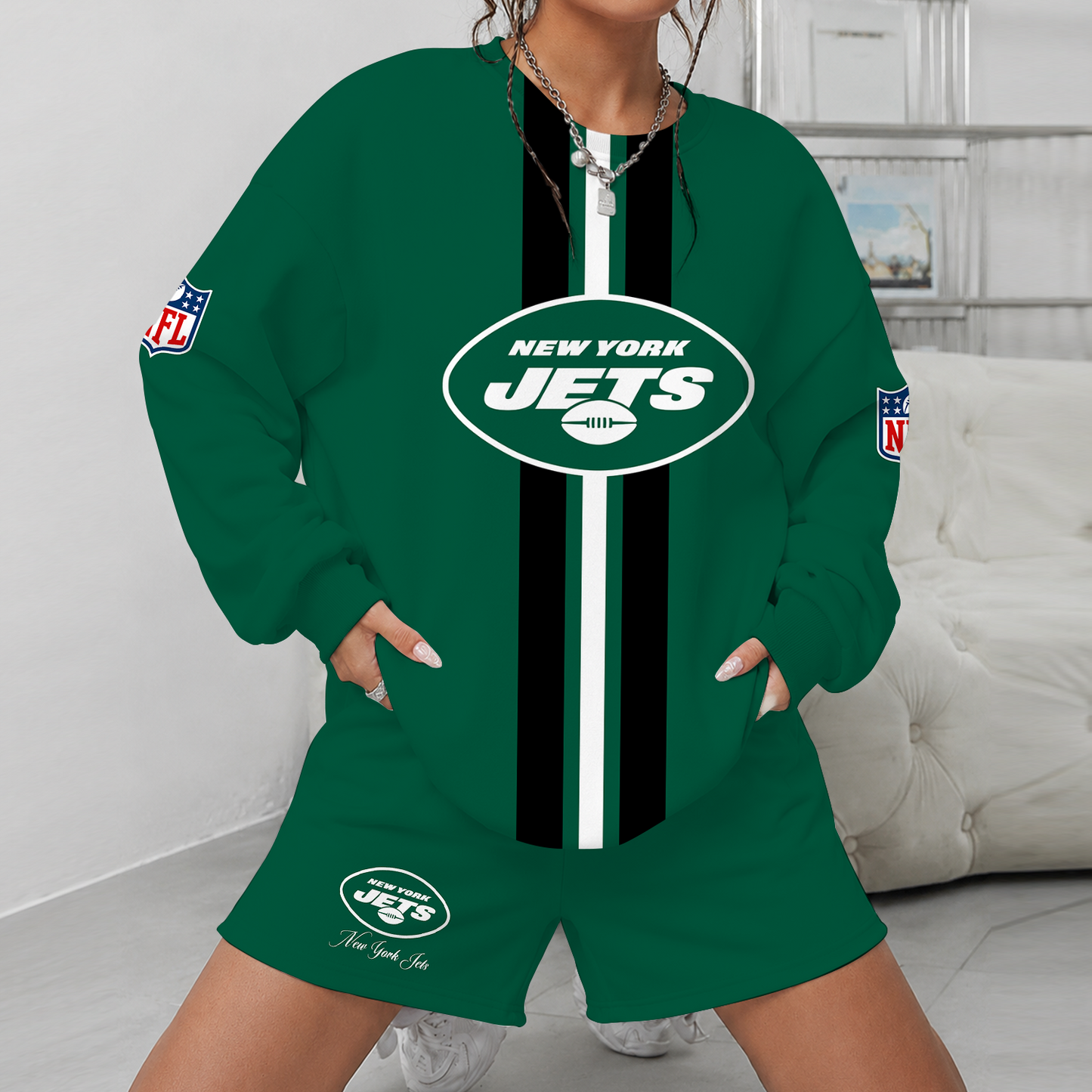 [SPECIAL OFFER] NEW CUSTOMIZED NFL25 NYJ NEW YORK JETS UNISEX SWEATSHIRT & SHORTS SET