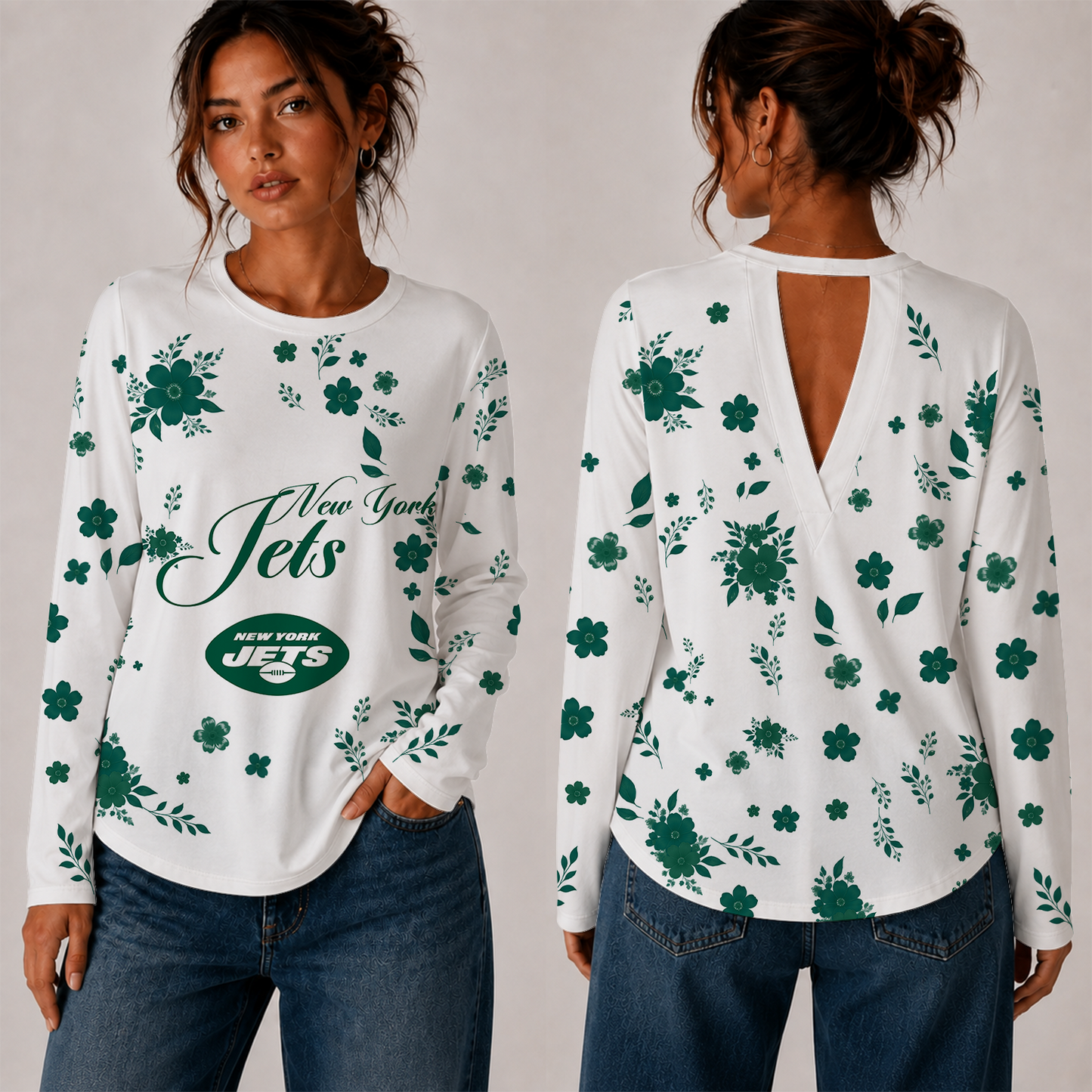 [SPECIAL OFFER] NEW CUSTOMIZED NFL25 NYJ NEW YORK JETS WOMEN'S BACK V-CUT LONG-SLEEVE SHIRT