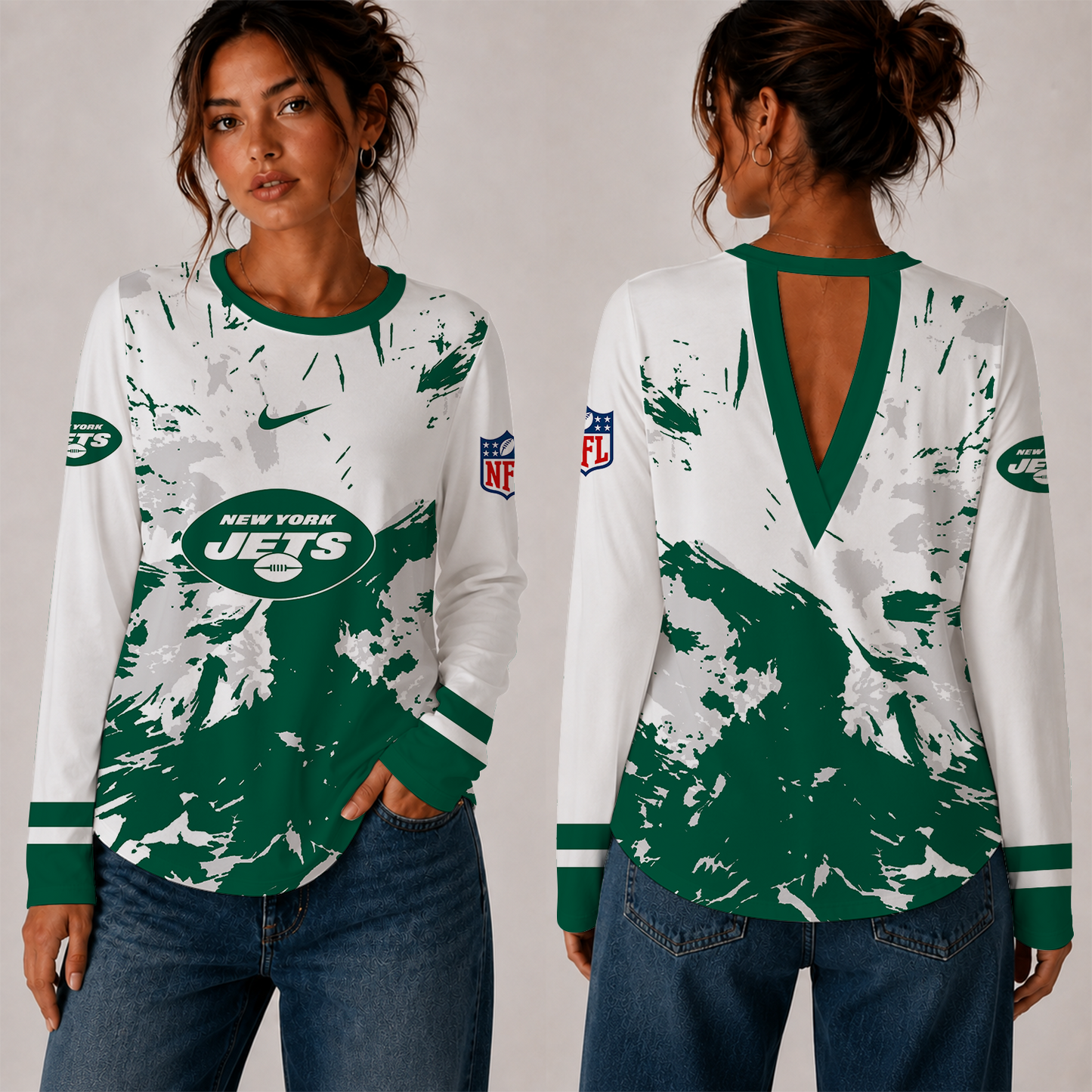 [SPECIAL OFFER] NEW CUSTOMIZED NFL25 NYJ NEW YORK JETS WOMEN'S BACK V-CUT LONG-SLEEVE SHIRT