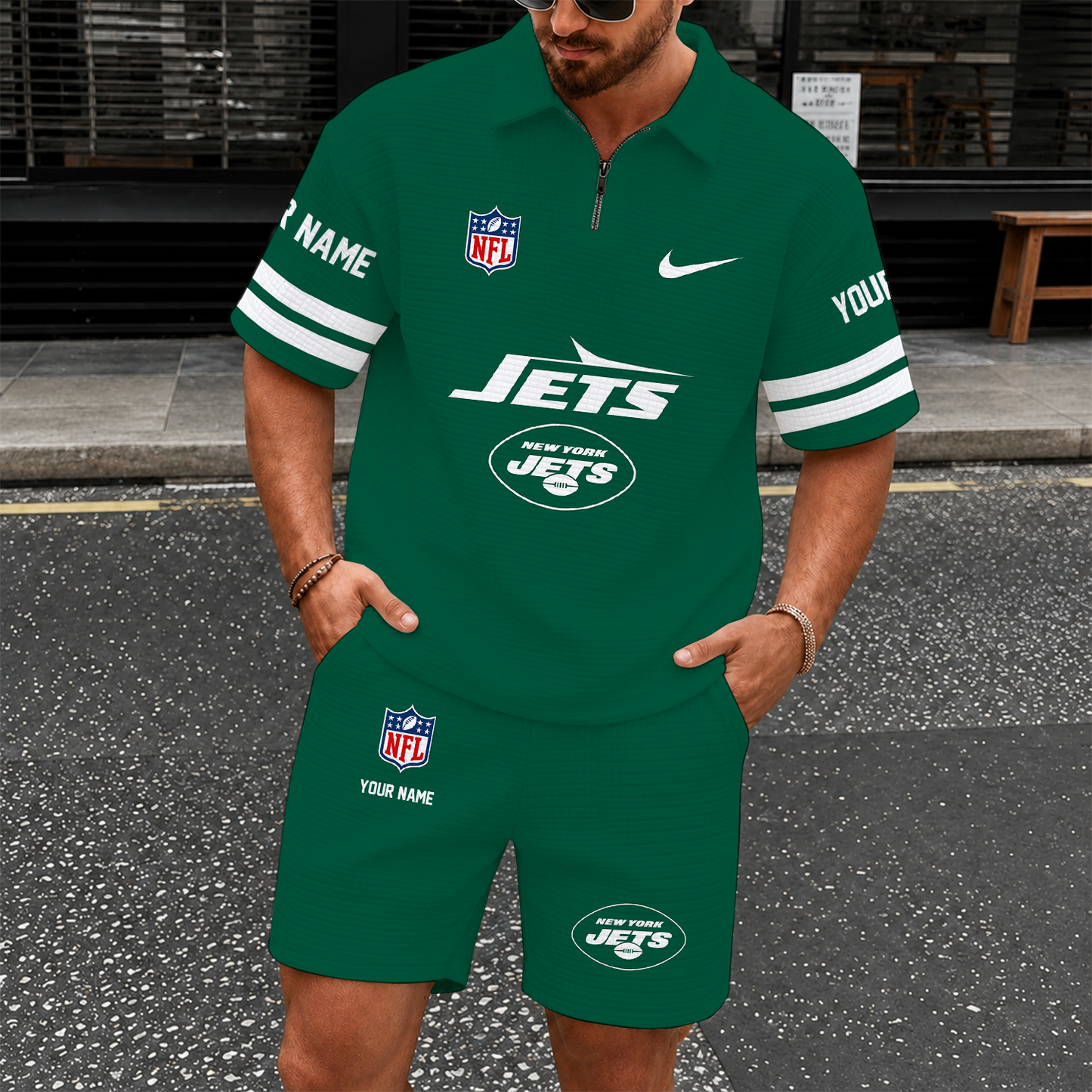 [SPECIAL OFFER] NEW CUSTOMIZED NFL25 NYJ NEW YORK JETS QUARTER-ZIP POLO SHIRT & SHORTS SET