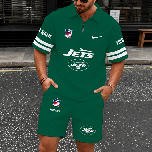 [SPECIAL OFFER] NEW CUSTOMIZED NFL25 NYJ NEW YORK JETS QUARTER-ZIP POLO SHIRT & SHORTS SET