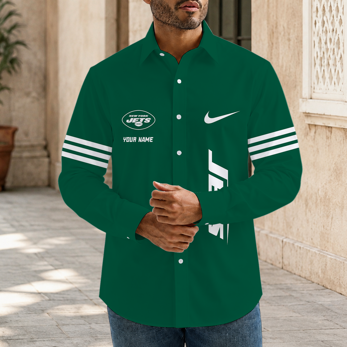 [SPECIAL OFFER] NEW CUSTOMIZED NFL25 NYJ NEW YORK JETS MEN'S LONG SLEEVE BUTTON-UP SHIRT