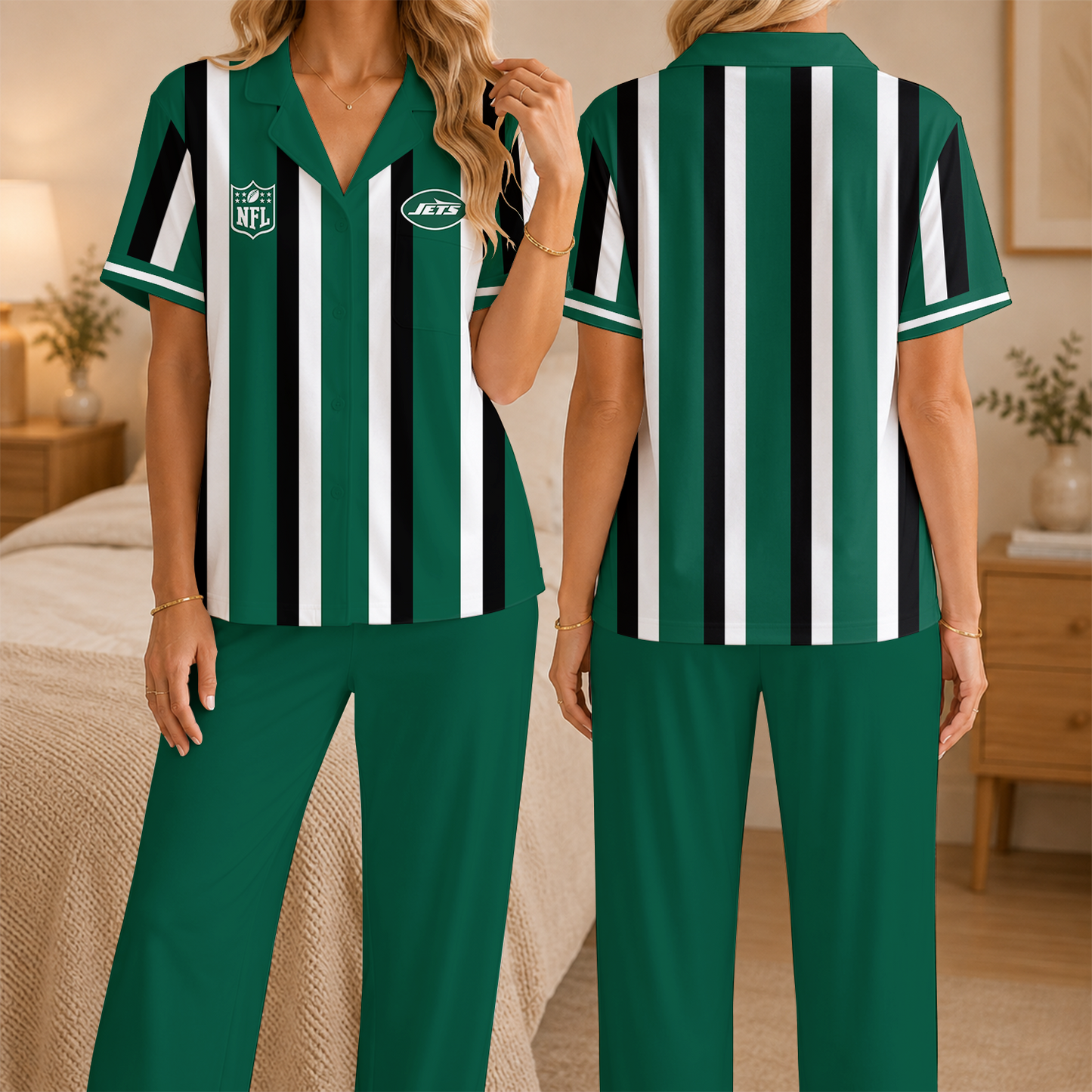 [SPECIAL OFFER] NEW CUSTOMIZED NFL25 NYJ NEW YORK JETS SHORT SLEEVE & LONG PANTS PAJAMAS SET