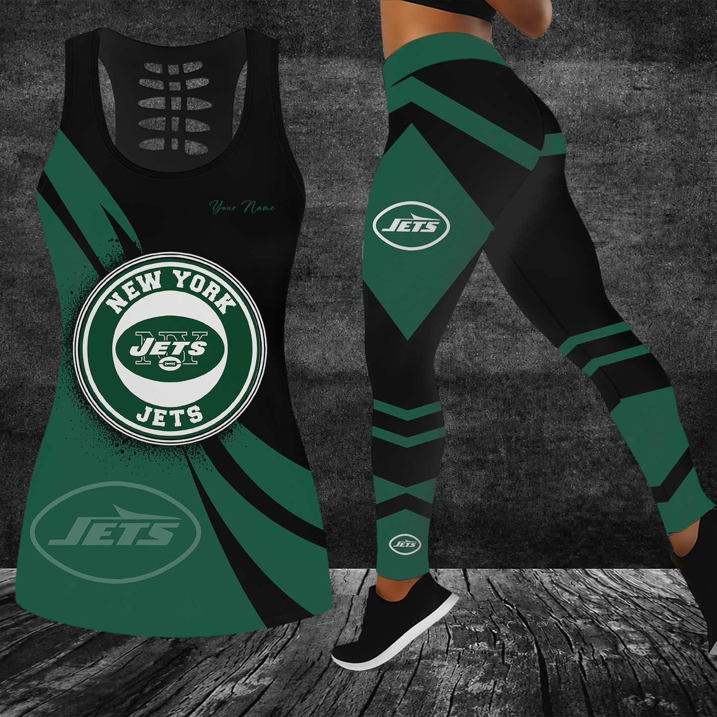 [SPECIAL OFFER] NEW CUSTOMIZED NFL25 NYJ NEW YORK JETS HOLLOW TANK TOP & LEGGINGS SET