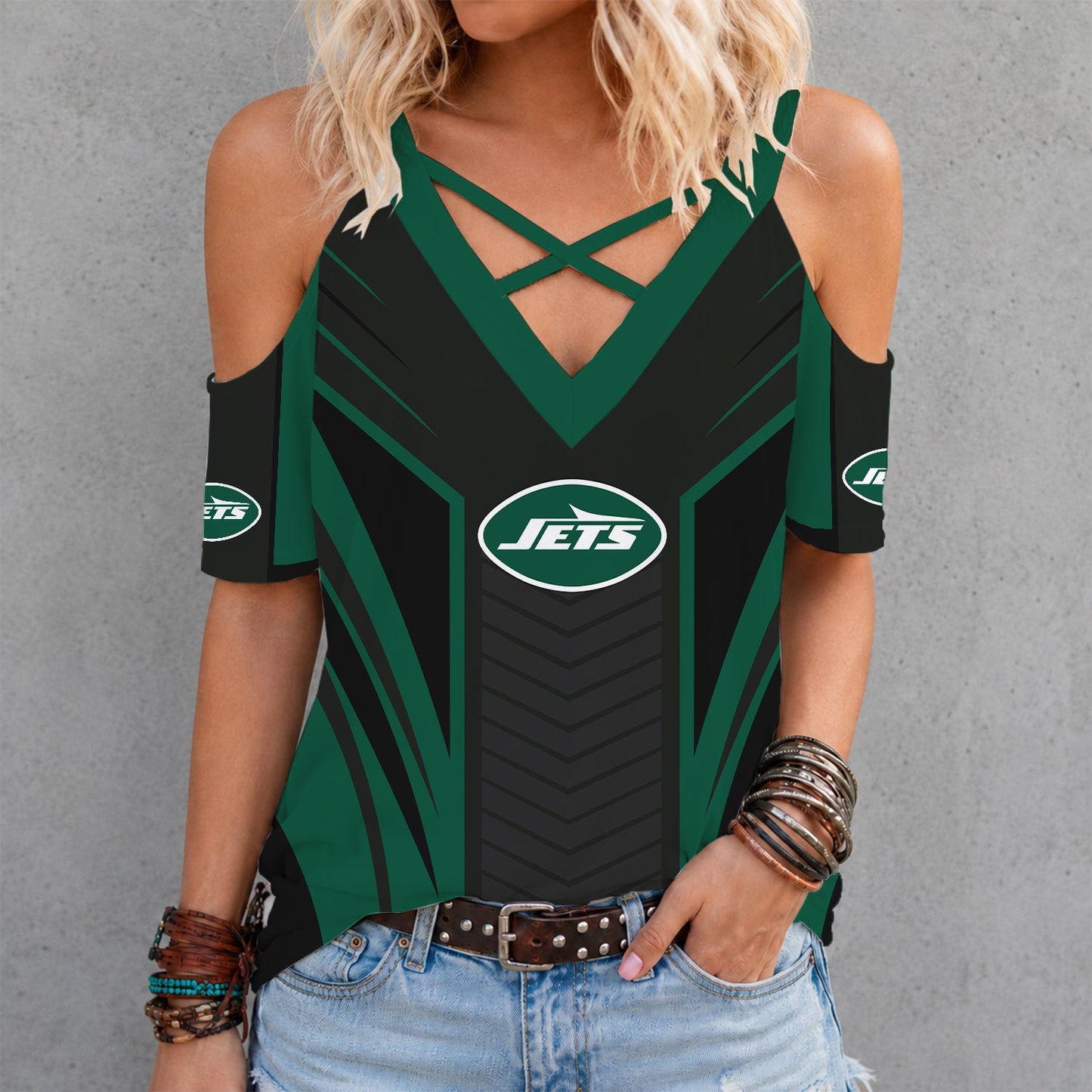 [SPECIAL OFFER] NEW CUSTOMIZED NFL25 NYJ NEW YORK JETS CRISS CROSS V-NECK TOP