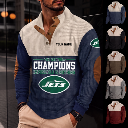 [SPECIAL OFFER] NEW CUSTOMIZED NFL25 NYJ NEW YORK JETS BUTTON SWEATSHIRTS STAND COLLAR