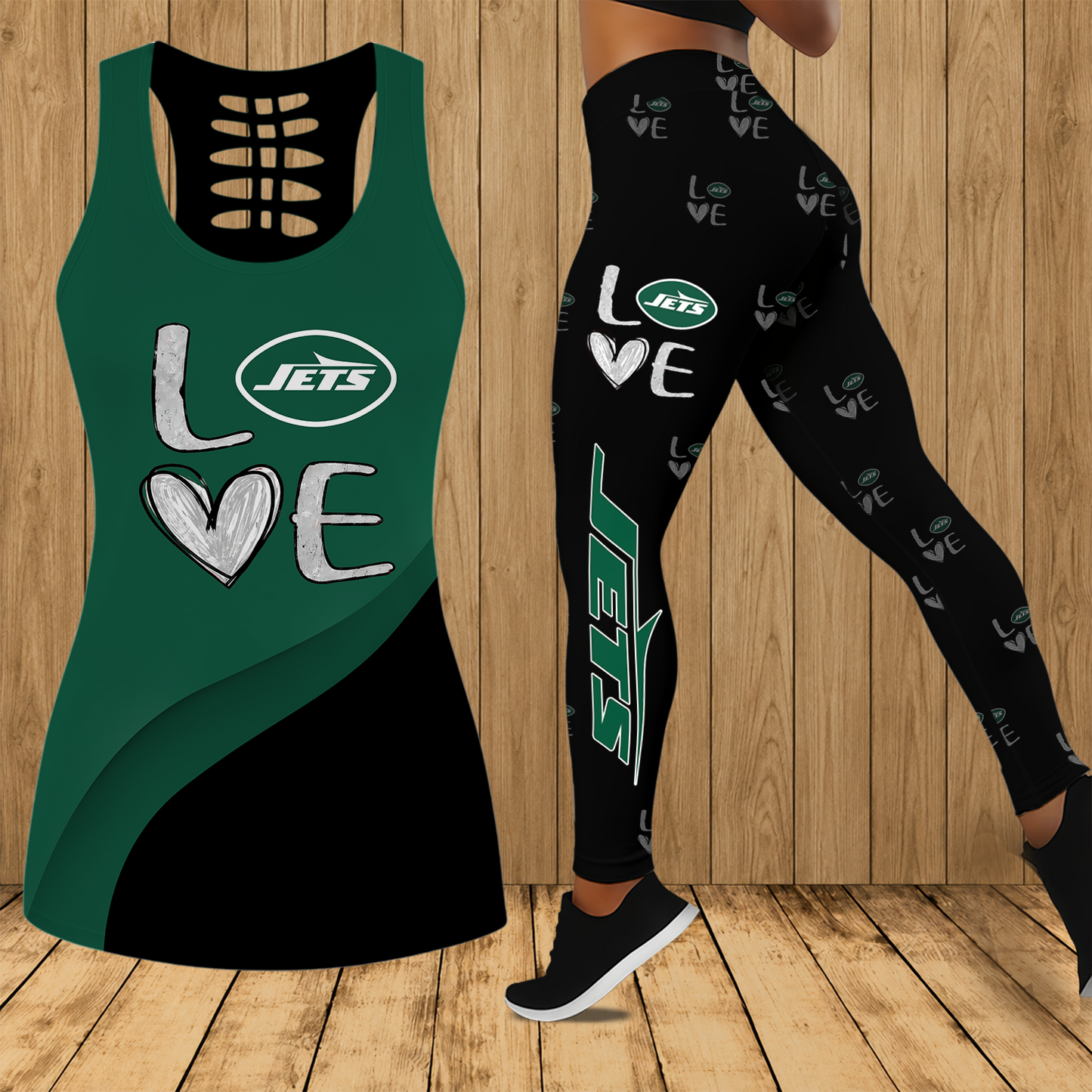 [SPECIAL OFFER] NEW CUSTOMIZED NFL25 NYJ NEW YORK JETS HOLLOW TANK TOP & LEGGINGS SET