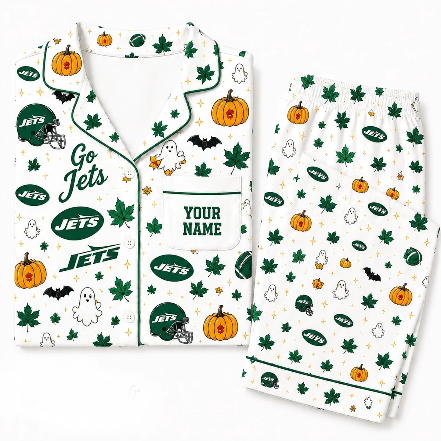 [SPECIAL OFFER] NEW CUSTOMIZED NFL25 NYJ NEW YORK JETS HALLOWEEN LONG PAJAMAS SET