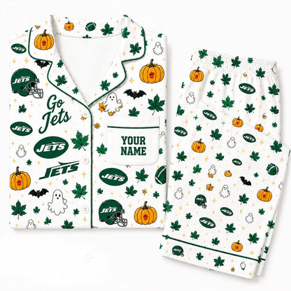 [SPECIAL OFFER] NEW CUSTOMIZED NFL25 NYJ NEW YORK JETS HALLOWEEN LONG PAJAMAS SET