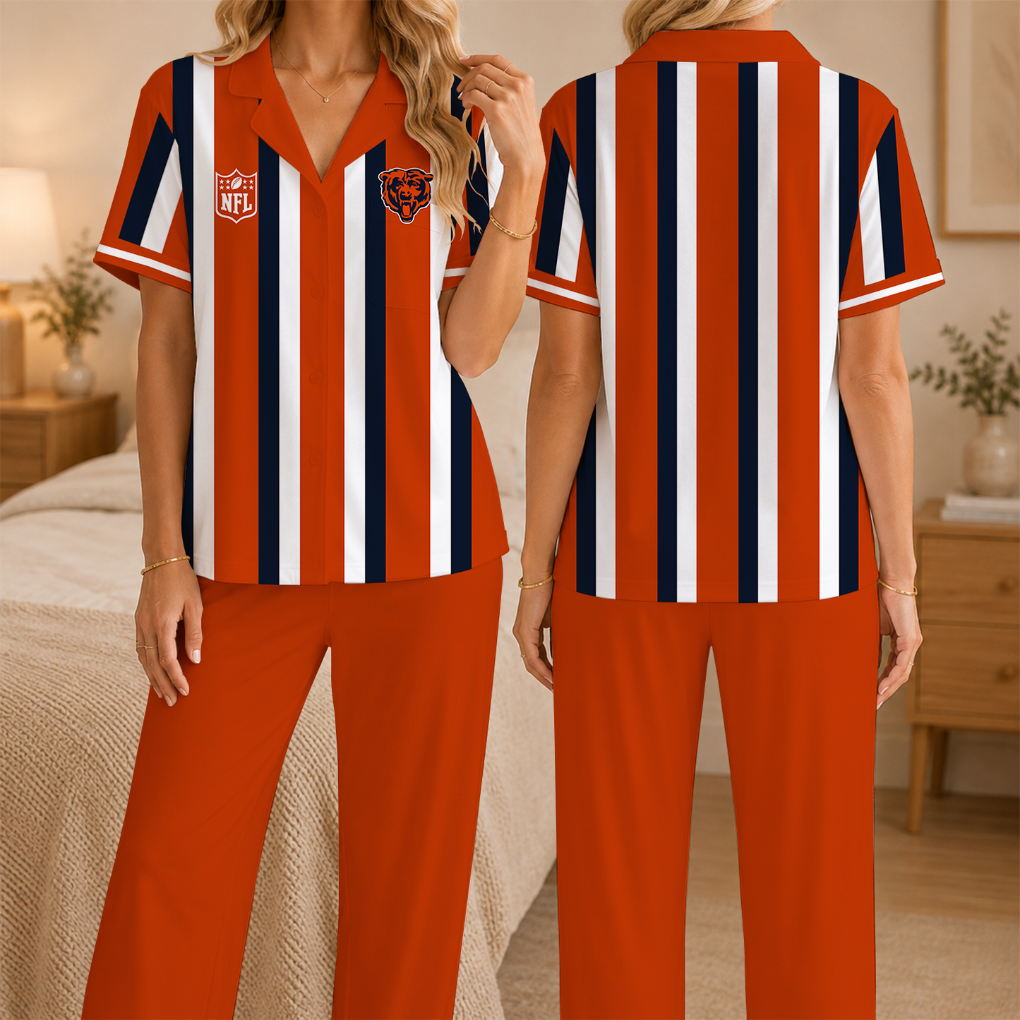 [SPECIAL OFFER] NEW CUSTOMIZED NFL26 CCB CHICAGO BEARS SHORT SLEEVE & LONG PANTS PAJAMAS SET