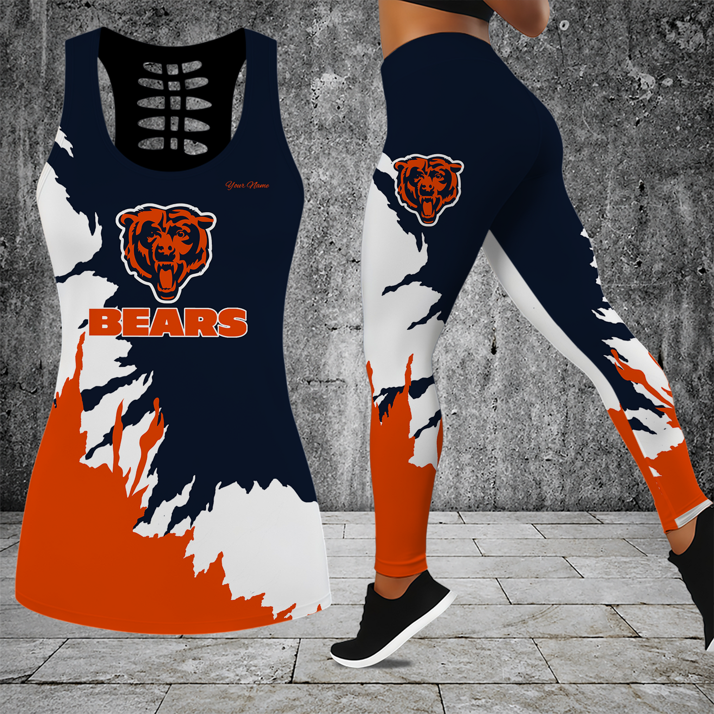 [SPECIAL OFFER] NEW CUSTOMIZED NFL26 CCB CHICAGO BEARS HOLLOW TANK TOP & LEGGINGS SET