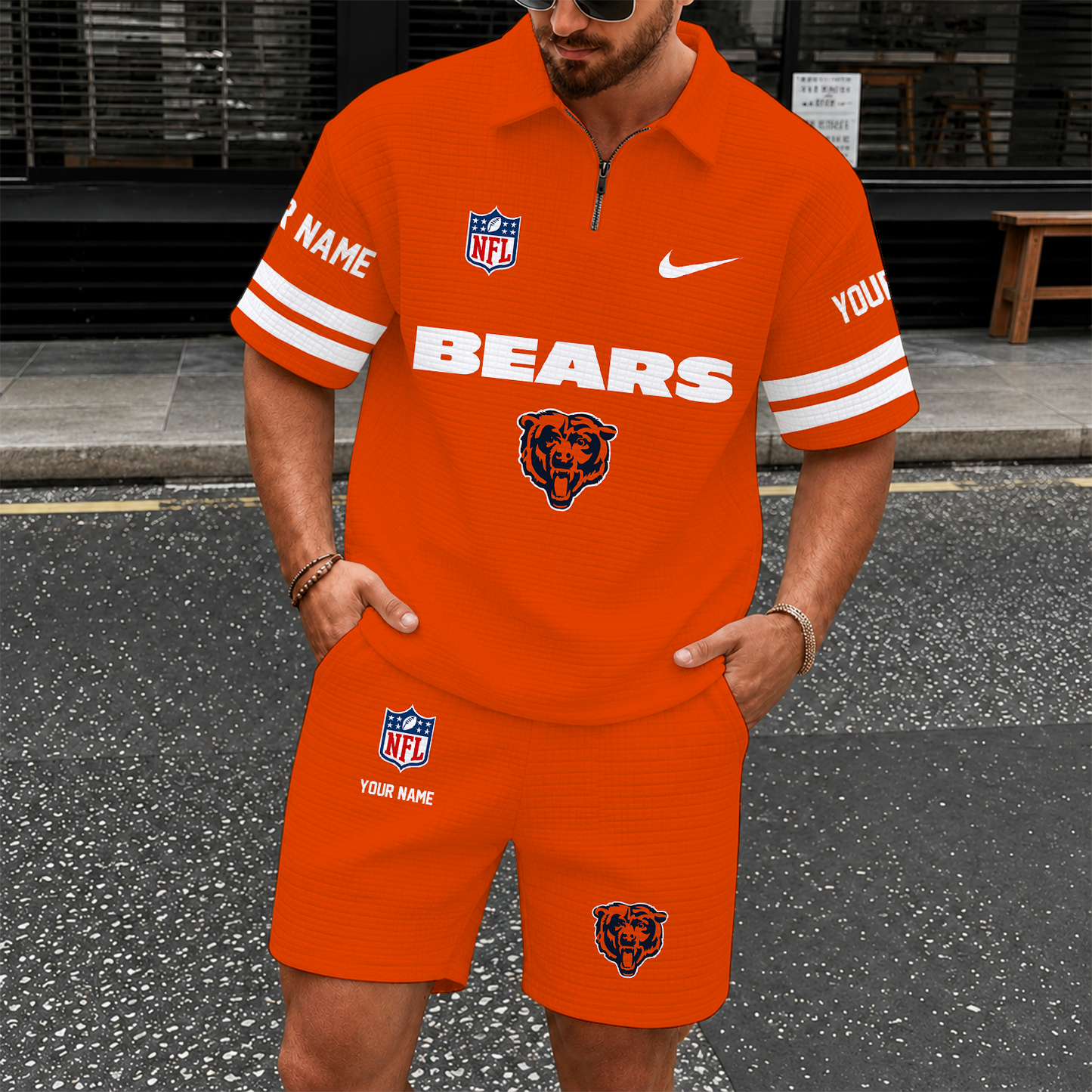 [SPECIAL OFFER] NEW CUSTOMIZED NFL26 CCB CHICAGO BEARS QUARTER-ZIP POLO SHIRT & SHORTS SET
