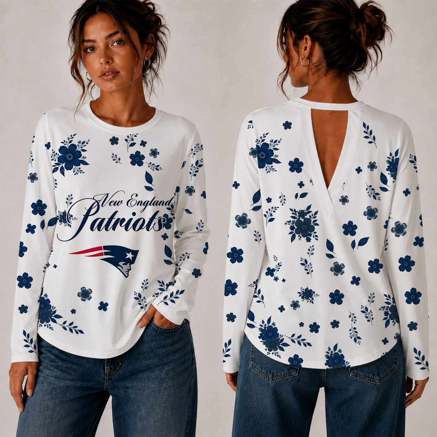 [SPECIAL OFFER] NEW CUSTOMIZED NFL27 NEP NEW ENGLAND PATRIOTS WOMEN'S BACK V-CUT LONG-SLEEVE SHIRT