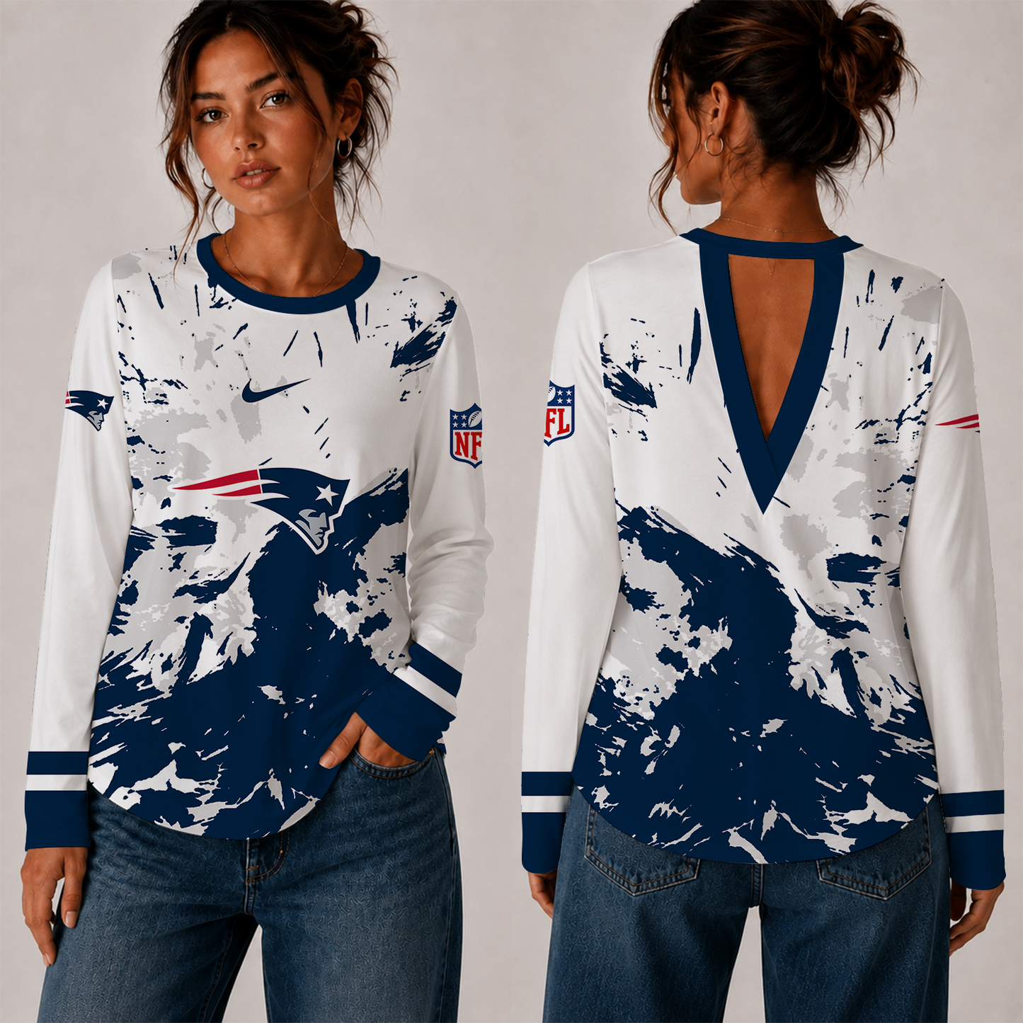[SPECIAL OFFER] NEW CUSTOMIZED NFL27 NEP NEW ENGLAND PATRIOTS WOMEN'S BACK V-CUT LONG-SLEEVE SHIRT
