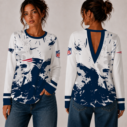 [SPECIAL OFFER] NEW CUSTOMIZED NFL27 NEP NEW ENGLAND PATRIOTS WOMEN'S BACK V-CUT LONG-SLEEVE SHIRT
