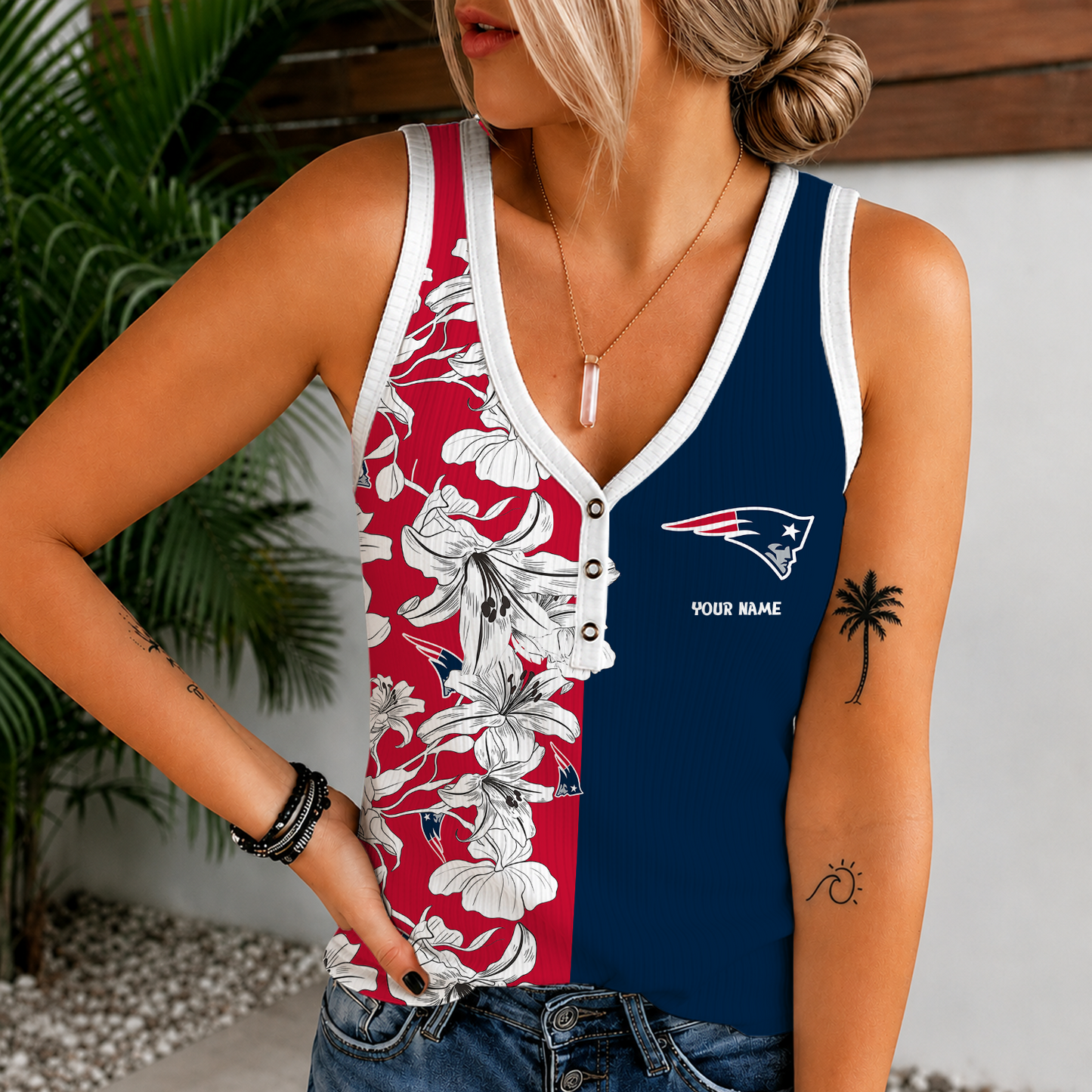 [SPECIAL OFFER] NEW CUSTOMIZED NFL27 NEP NEW ENGLAND PATRIOTS WOMEN'S V-NECK TANK TOP
