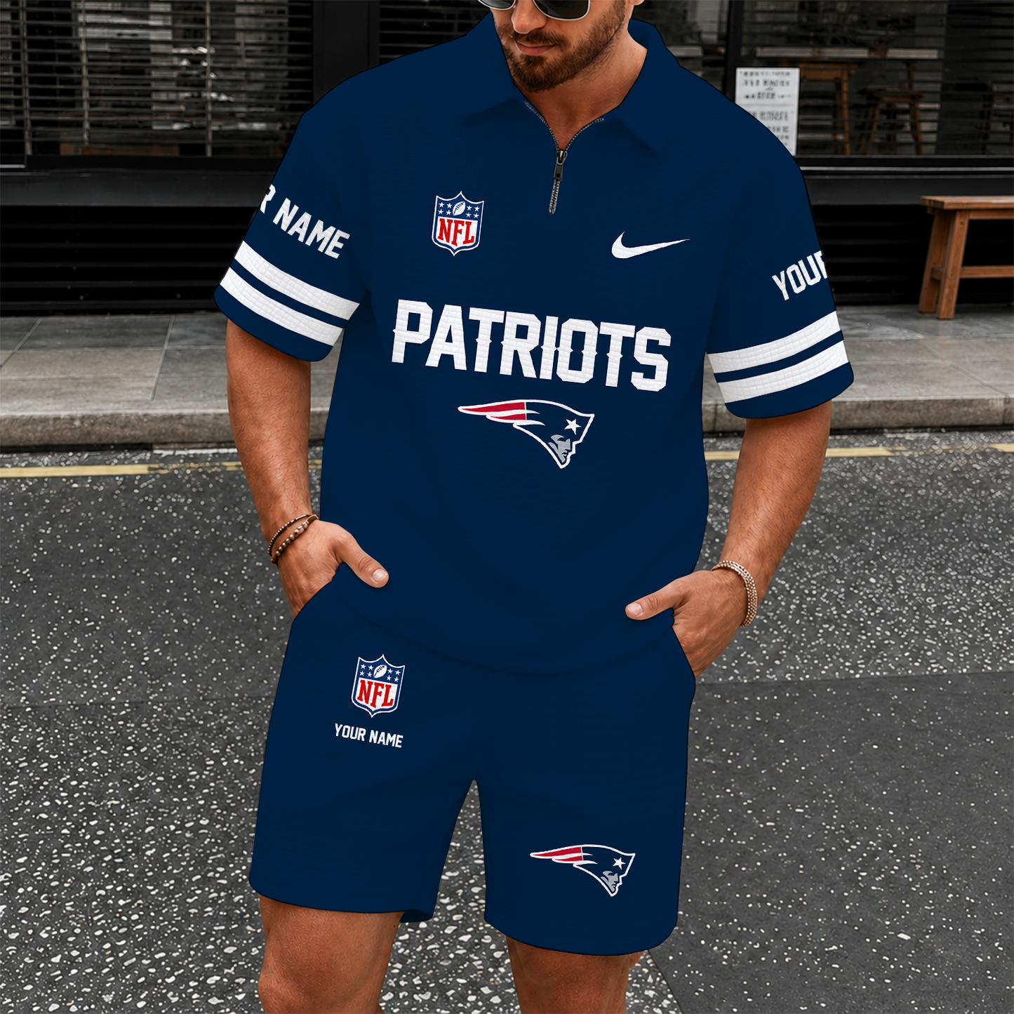 [SPECIAL OFFER] NEW CUSTOMIZED NFL27 NEP NEW ENGLAND PATRIOTS QUARTER-ZIP POLO SHIRT & SHORTS SET