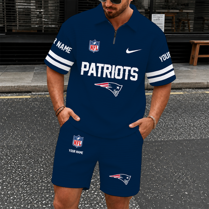 [SPECIAL OFFER] NEW CUSTOMIZED NFL27 NEP NEW ENGLAND PATRIOTS QUARTER-ZIP POLO SHIRT & SHORTS SET