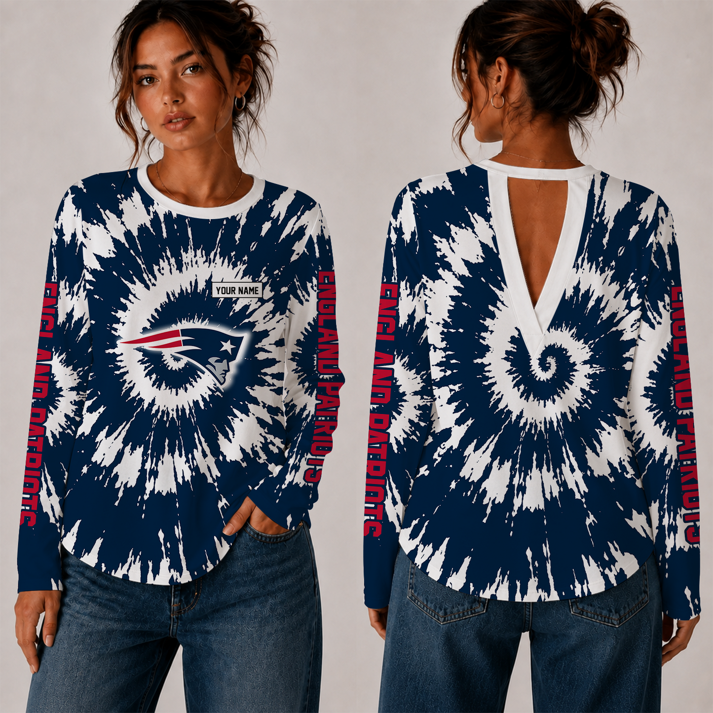 [SPECIAL OFFER] NEW CUSTOMIZED NFL27 NEP NEW ENGLAND PATRIOTS WOMEN'S BACK V-CUT LONG-SLEEVE SHIRT