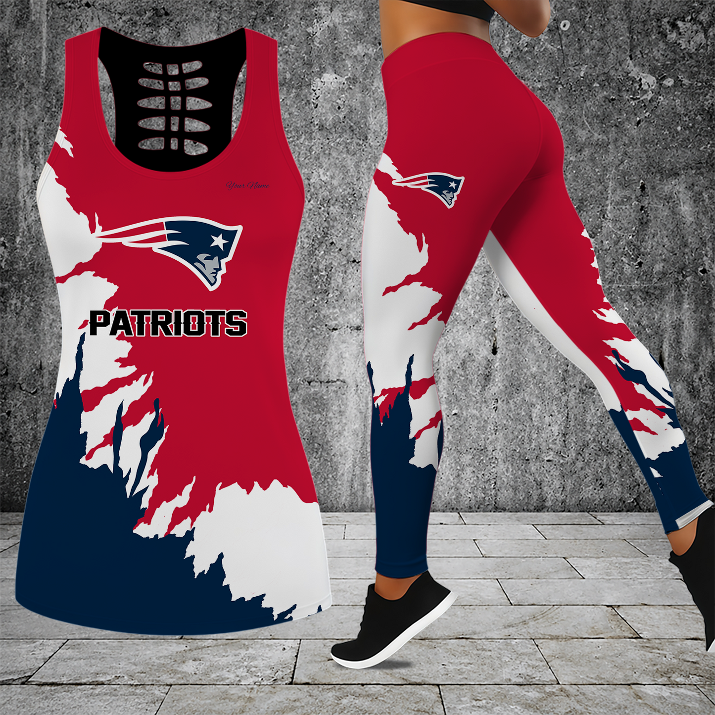 [SPECIAL OFFER] NEW CUSTOMIZED NFL27 NEP NEW ENGLAND PATRIOTS HOLLOW TANK TOP & LEGGINGS SET