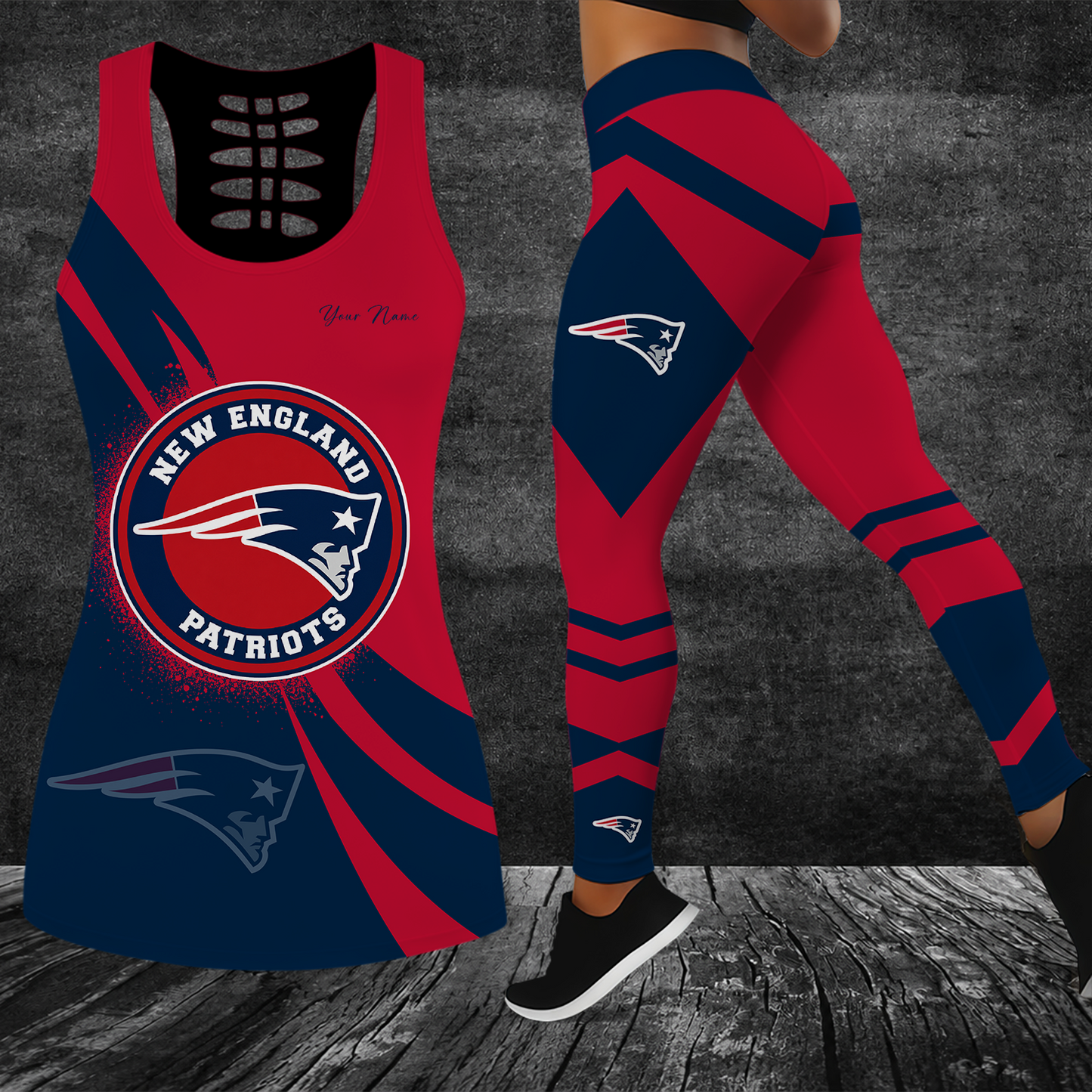 [SPECIAL OFFER] NEW CUSTOMIZED NFL27 NEP NEW ENGLAND PATRIOTS HOLLOW TANK TOP & LEGGINGS SET