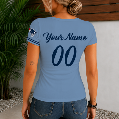 [SPECIAL OFFER] NEW CUSTOMIZED NFL27 NEP NEW ENGLAND PATRIOTS WOMEN'S SHORT SLEEVE HENLEY T-SHIRT