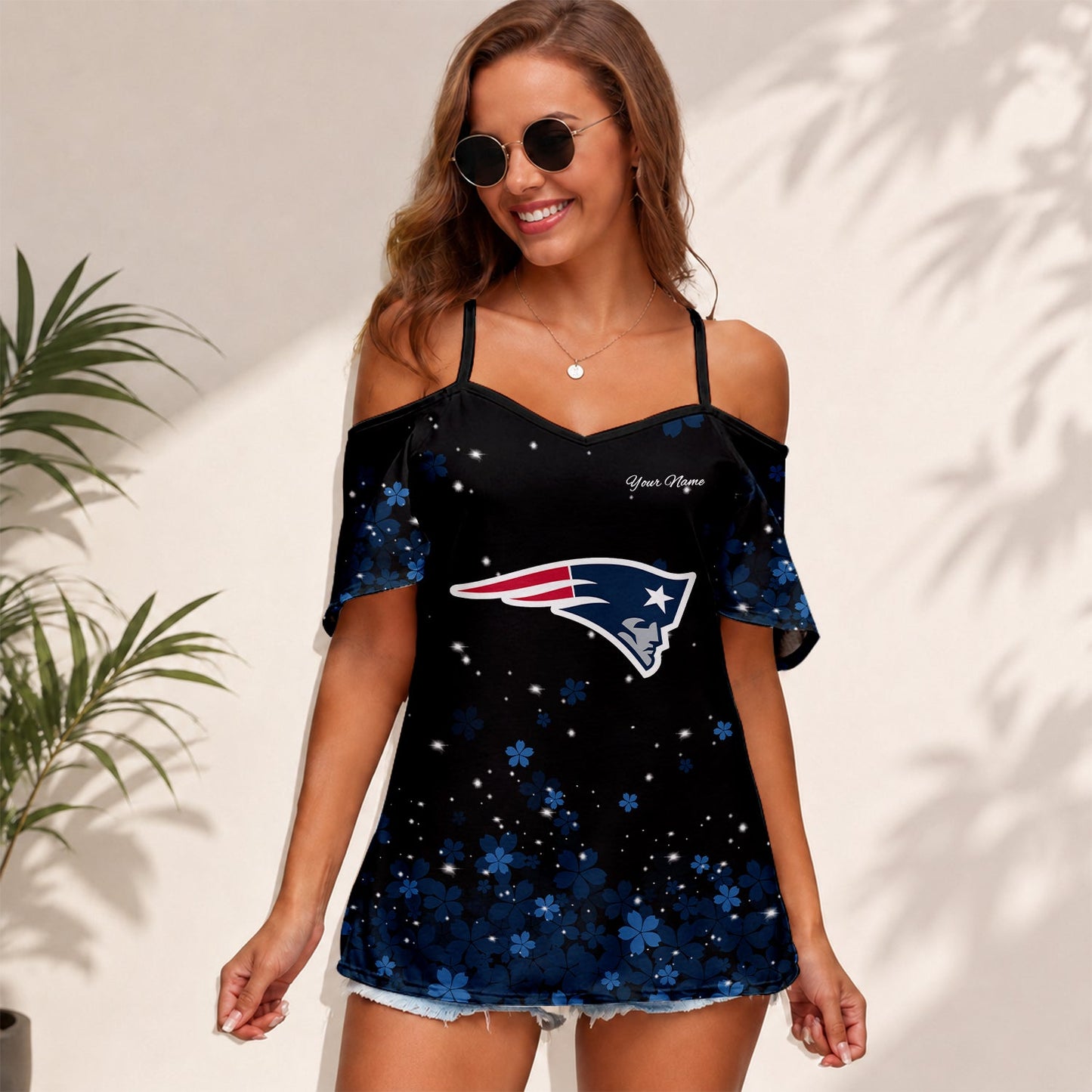 [SPECIAL OFFER] NEW CUSTOMIZED NFL27 NEP NEW ENGLAND PATRIOTS WOMEN'S STRAPPY OFF-SHOULDER TOP