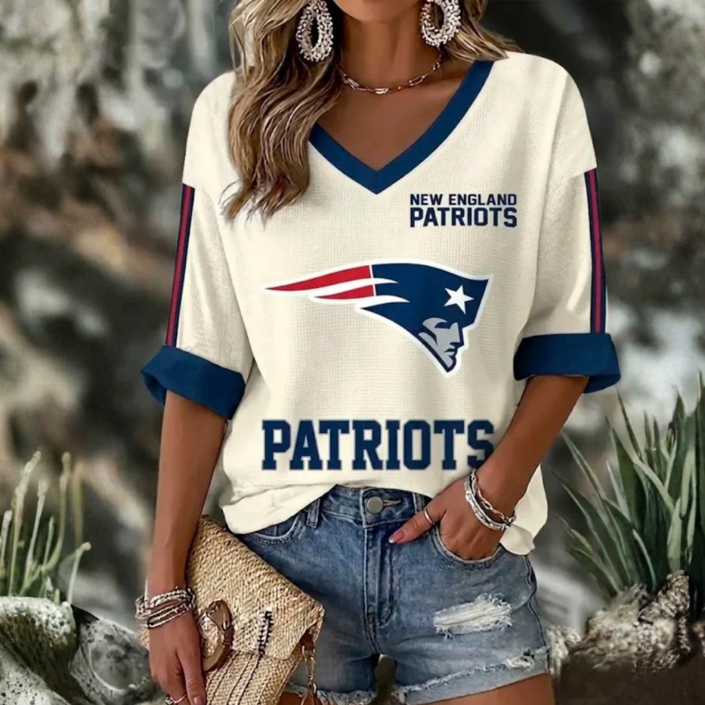 [SPECIAL OFFER] NEW CUSTOMIZED NFL27 NEP NEW ENGLAND PATRIOTS WOMEN'S HEART V-NECK LONG SLEEVE SHIRT