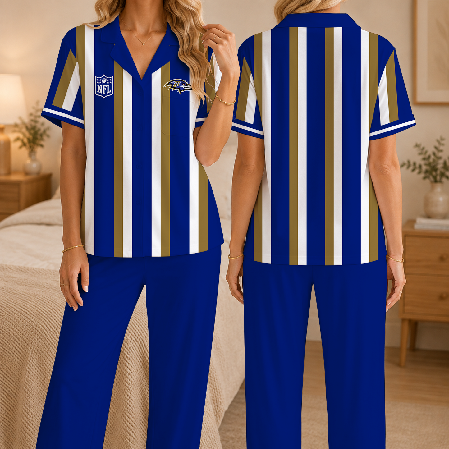 [SPECIAL OFFER] NEW CUSTOMIZED NFL28 BTR BALTIMORE RAVENS SHORT SLEEVE & LONG PANTS PAJAMAS SET