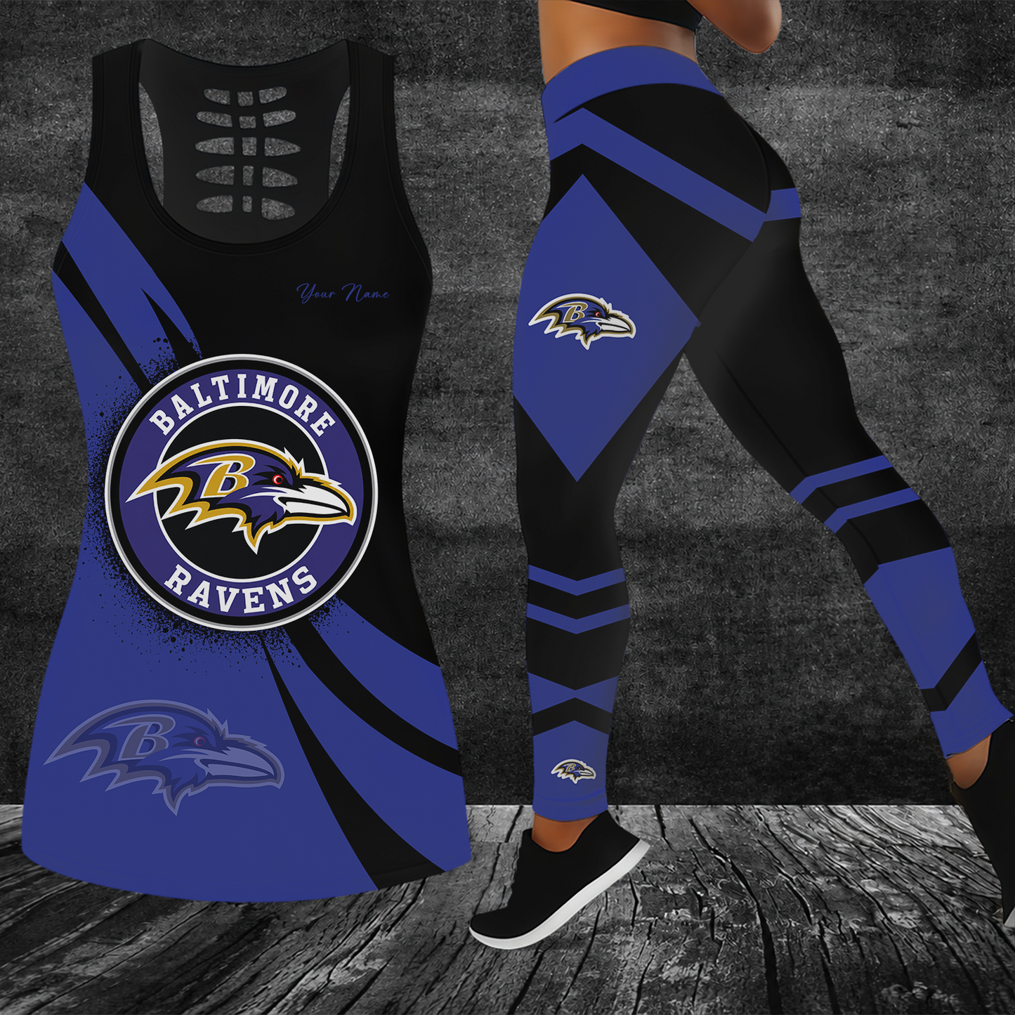 [SPECIAL OFFER] NEW CUSTOMIZED NFL28 BTR BALTIMORE RAVENS HOLLOW TANK TOP & LEGGINGS SET