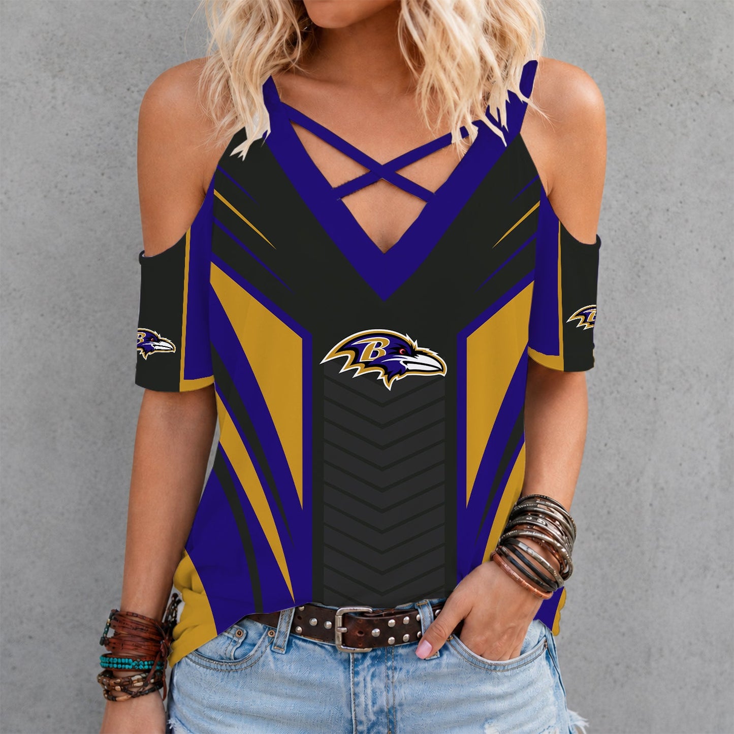 [SPECIAL OFFER] NEW CUSTOMIZED NFL28 BTR BALTIMORE RAVENS CRISS CROSS V-NECK TOP