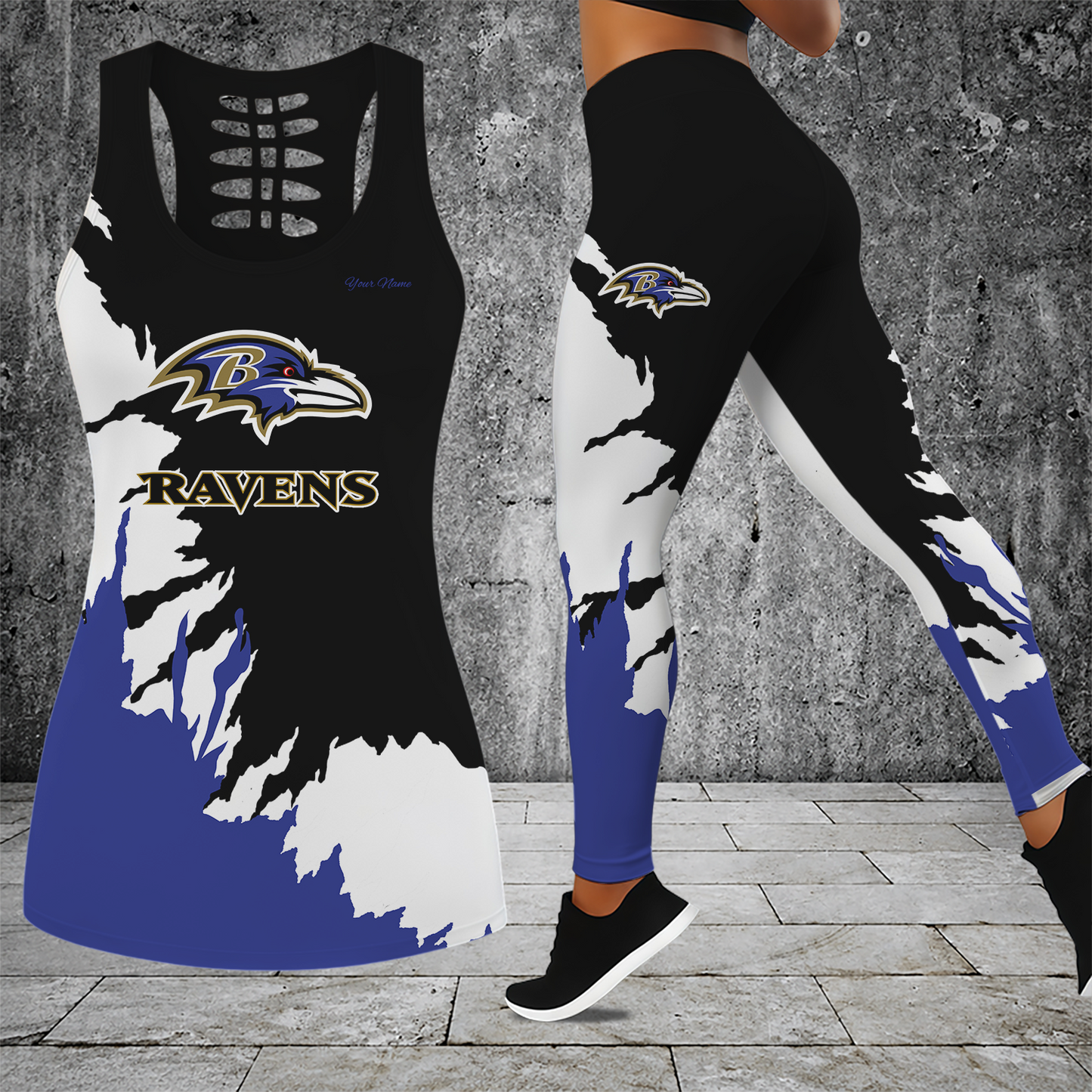 [SPECIAL OFFER] NEW CUSTOMIZED NFL28 BTR BALTIMORE RAVENS HOLLOW TANK TOP & LEGGINGS SET