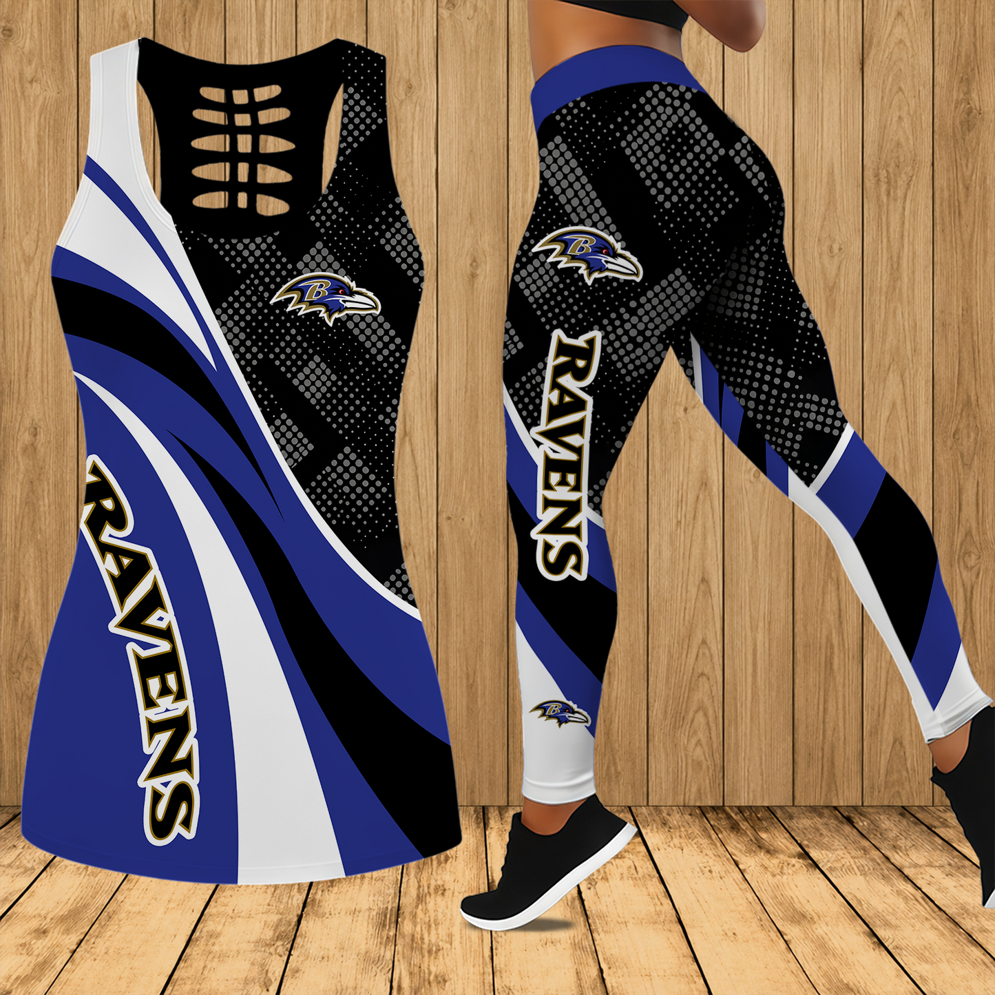 [SPECIAL OFFER] NEW CUSTOMIZED NFL28 BTR BALTIMORE RAVENS HOLLOW TANK TOP & LEGGINGS SET