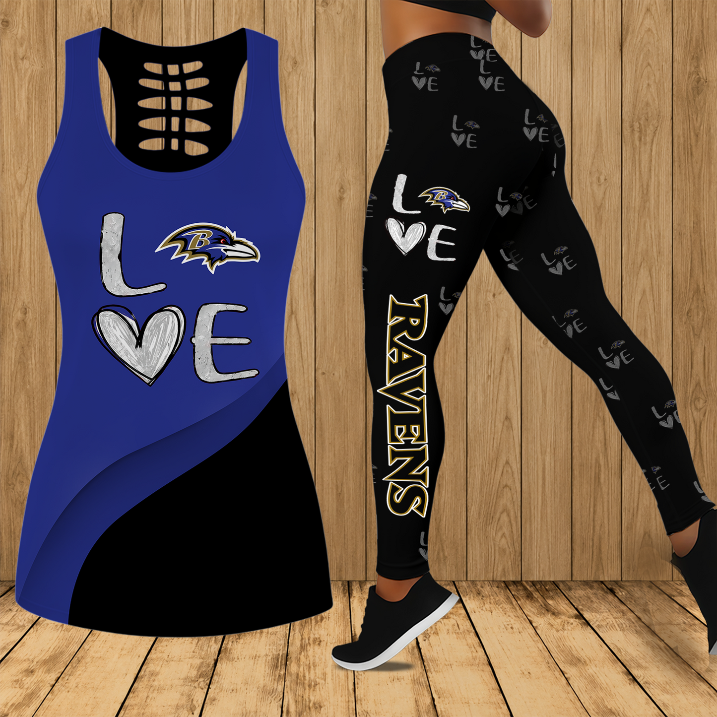 [SPECIAL OFFER] NEW CUSTOMIZED NFL28 BTR BALTIMORE RAVENS HOLLOW TANK TOP & LEGGINGS SET