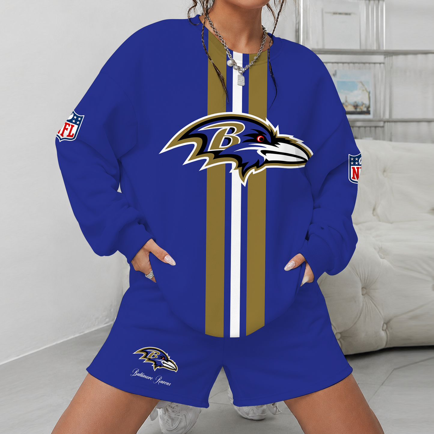 [SPECIAL OFFER] NEW CUSTOMIZED NFL28 BTR BALTIMORE RAVENS UNISEX SWEATSHIRT & SHORTS SET