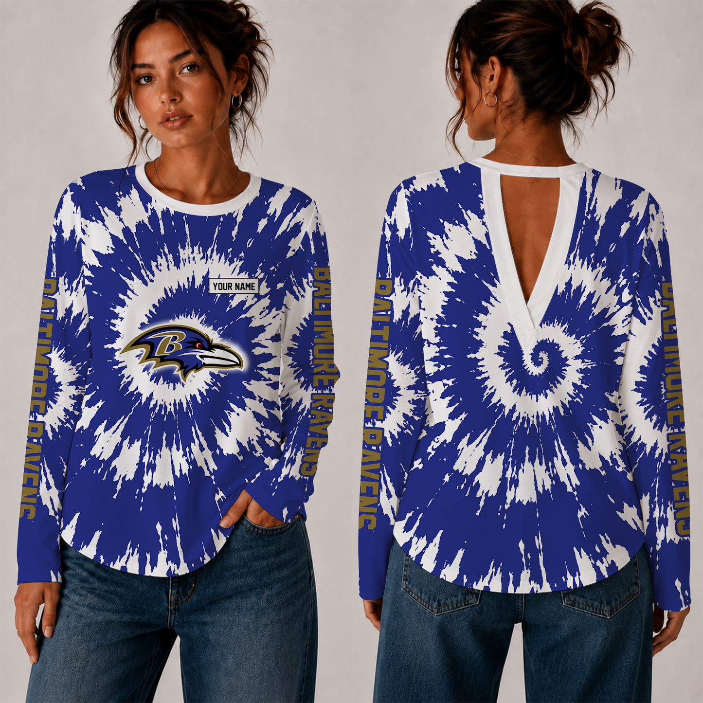[SPECIAL OFFER] NEW CUSTOMIZED NFL28 BTR BALTIMORE RAVENS WOMEN'S BACK V-CUT LONG-SLEEVE SHIRT