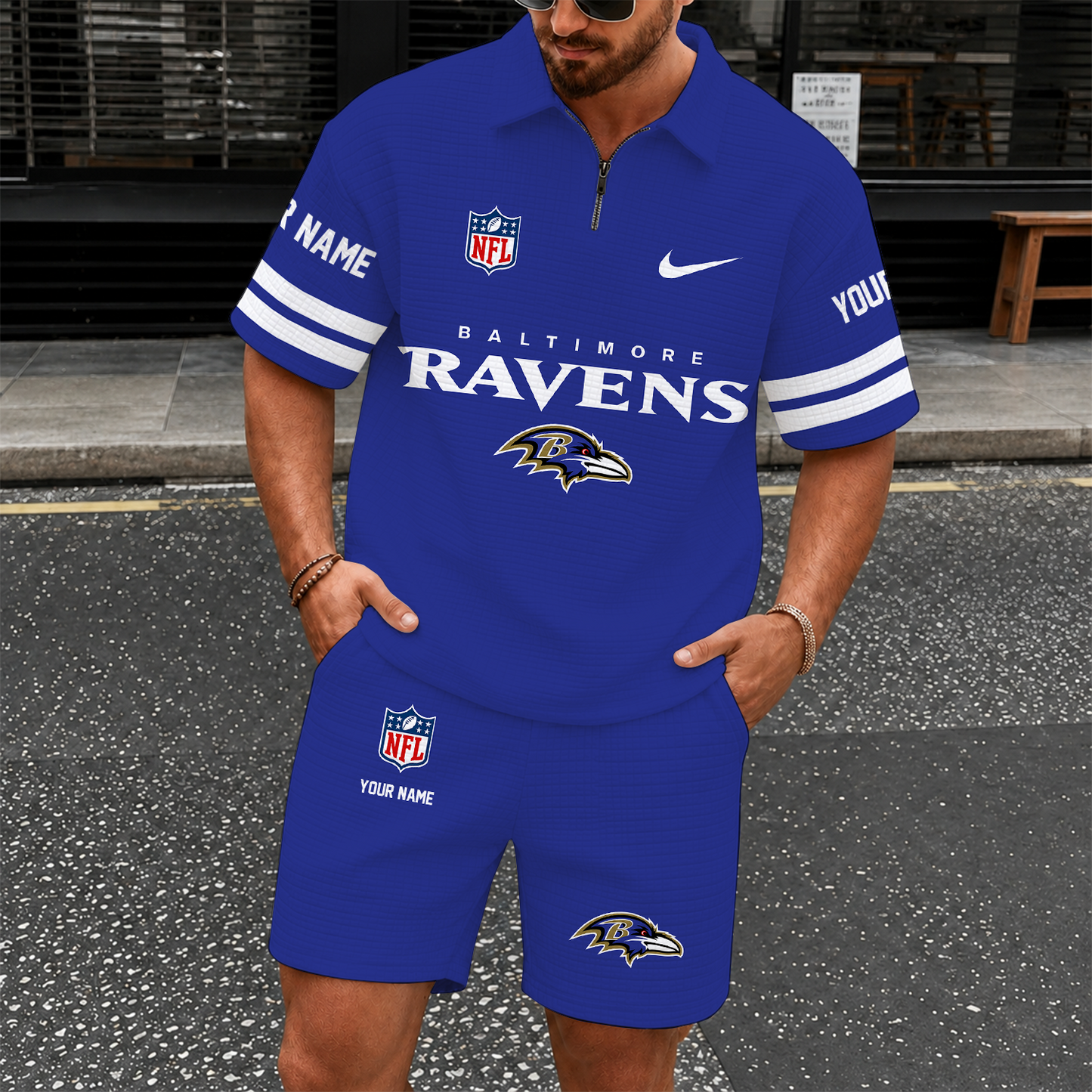 [SPECIAL OFFER] NEW CUSTOMIZED NFL28 BTR BALTIMORE RAVENS QUARTER-ZIP POLO SHIRT & SHORTS SET