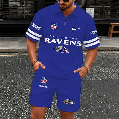 [SPECIAL OFFER] NEW CUSTOMIZED NFL28 BTR BALTIMORE RAVENS QUARTER-ZIP POLO SHIRT & SHORTS SET