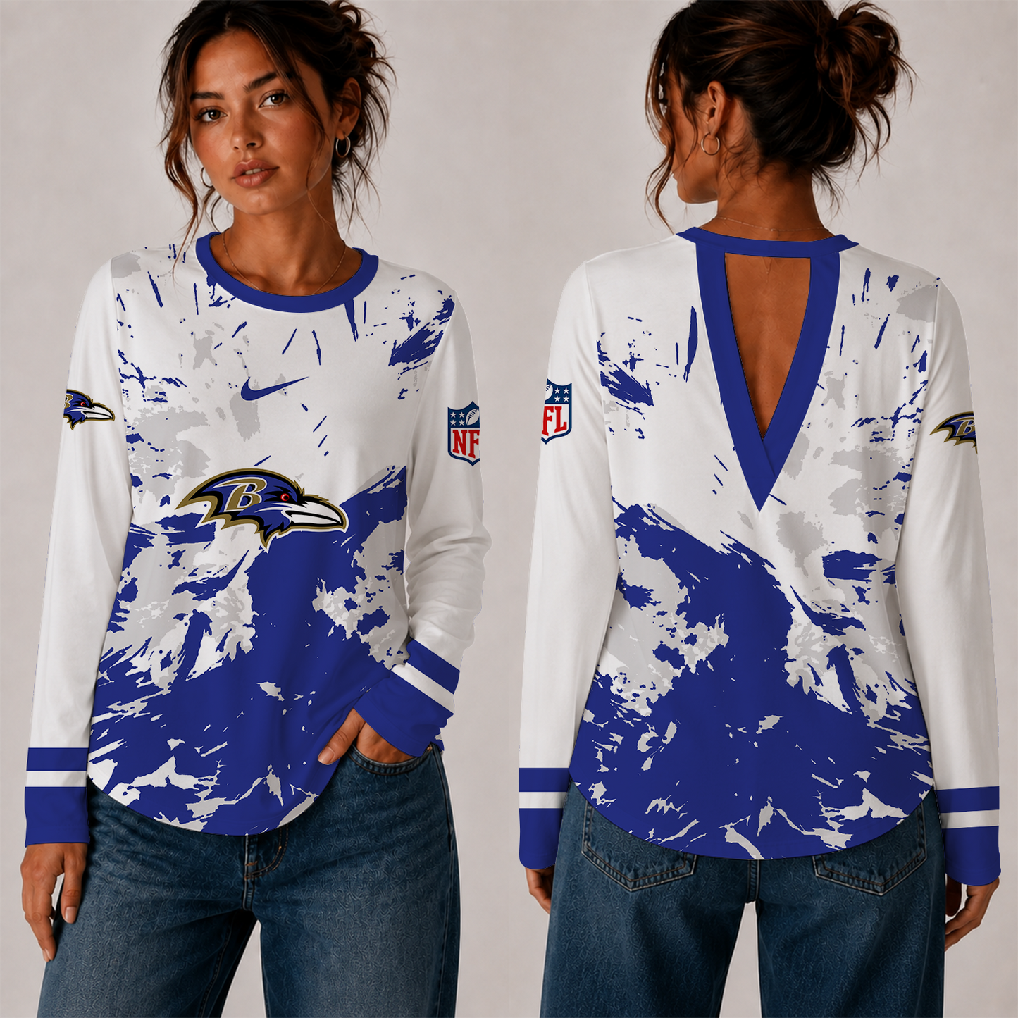 [SPECIAL OFFER] NEW CUSTOMIZED NFL28 BTR BALTIMORE RAVENS WOMEN'S BACK V-CUT LONG-SLEEVE SHIRT