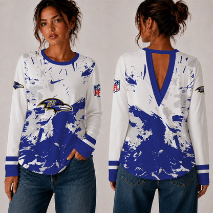 [SPECIAL OFFER] NEW CUSTOMIZED NFL28 BTR BALTIMORE RAVENS WOMEN'S BACK V-CUT LONG-SLEEVE SHIRT