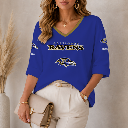 [SPECIAL OFFER] NEW CUSTOMIZED NFL28 BTR BALTIMORE RAVENS WOMEN'S HEART V-NECK LONG SLEEVE SHIRT