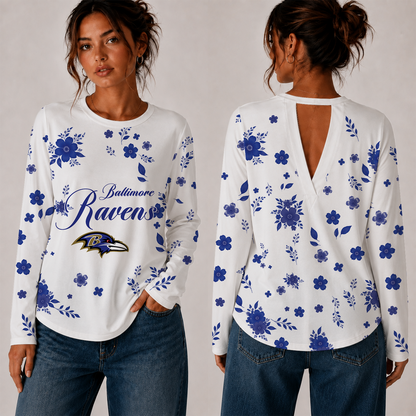 [SPECIAL OFFER] NEW CUSTOMIZED NFL28 BTR BALTIMORE RAVENS WOMEN'S BACK V-CUT LONG-SLEEVE SHIRT