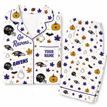 [SPECIAL OFFER] NEW CUSTOMIZED NFL28 BTR BALTIMORE RAVENS HALLOWEEN LONG PAJAMAS SET