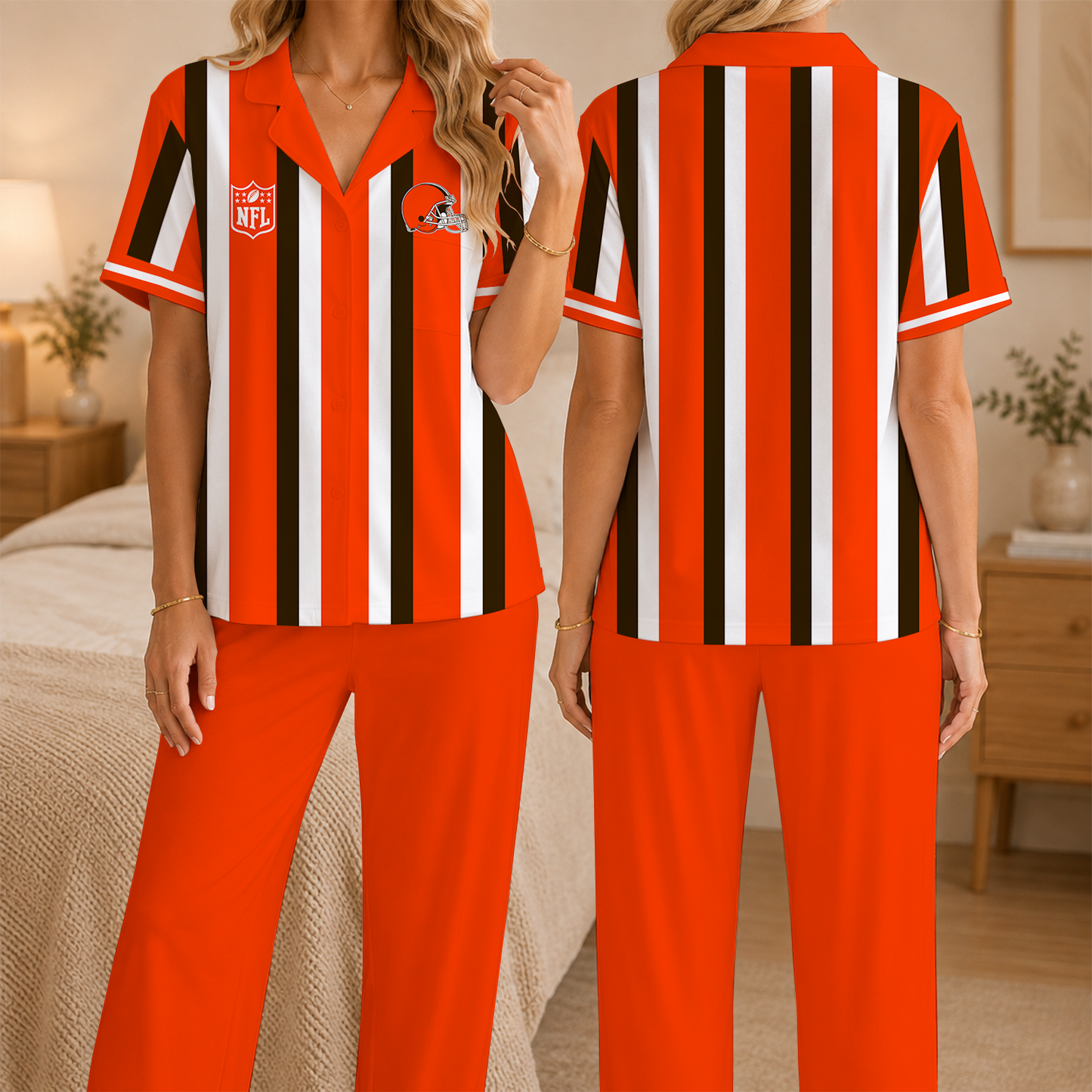 [SPECIAL OFFER] NEW CUSTOMIZED NFL29 CLB CLEVELAND BROWNS SHORT SLEEVE & LONG PANTS PAJAMAS SET