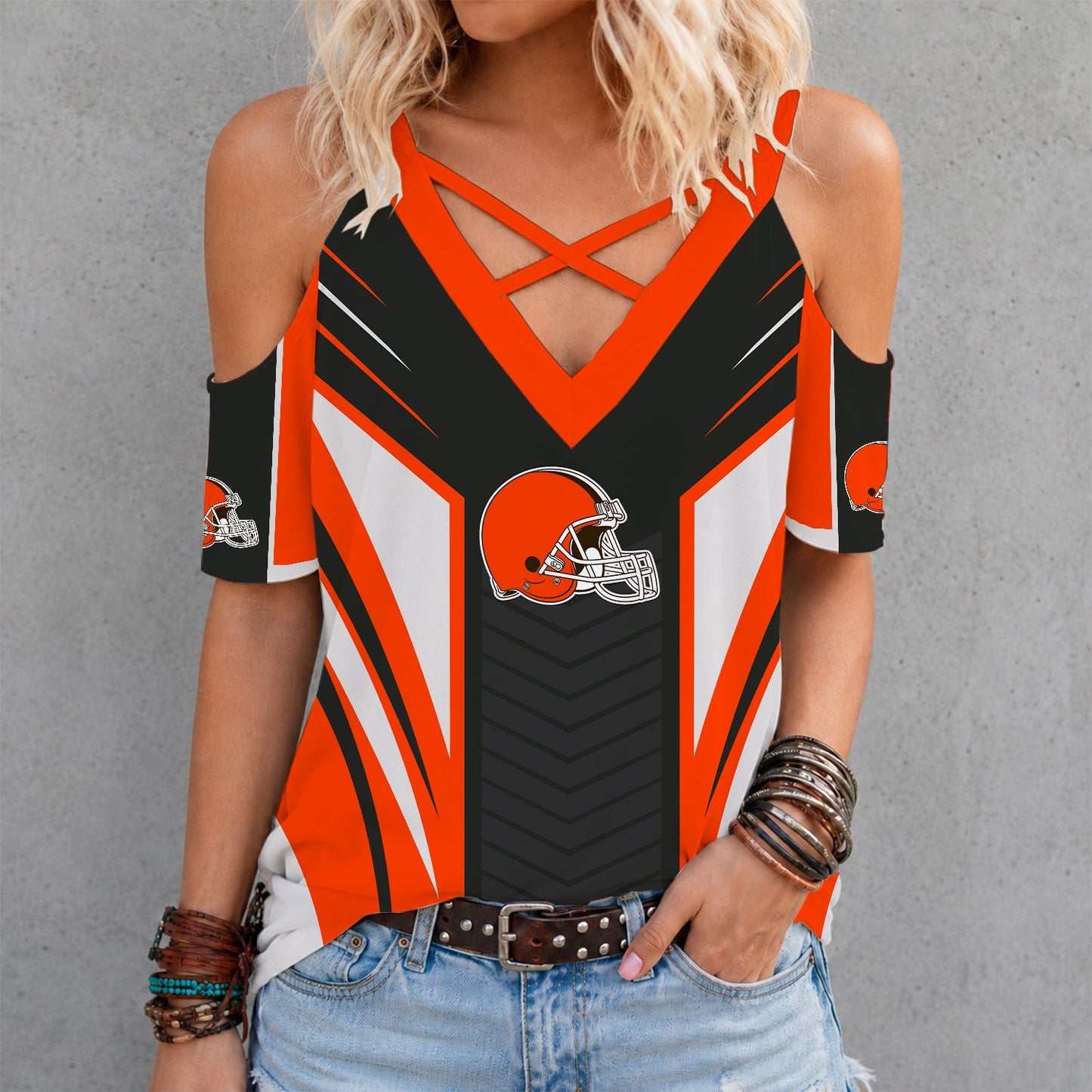 [SPECIAL OFFER] NEW CUSTOMIZED NFL29 CLB CLEVELAND BROWNS CRISS CROSS V-NECK TOP