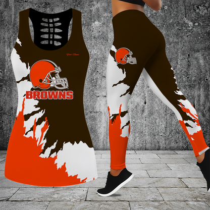 [SPECIAL OFFER] NEW CUSTOMIZED NFL29 CLB CLEVELAND BROWNS HOLLOW TANK TOP & LEGGINGS SET