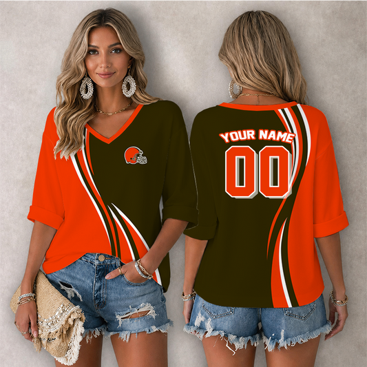 [SPECIAL OFFER] NEW CUSTOMIZED NFL29 CLB CLEVELAND KHAKIS WOMEN'S HEART V-NECK LONG SLEEVE SHIRT