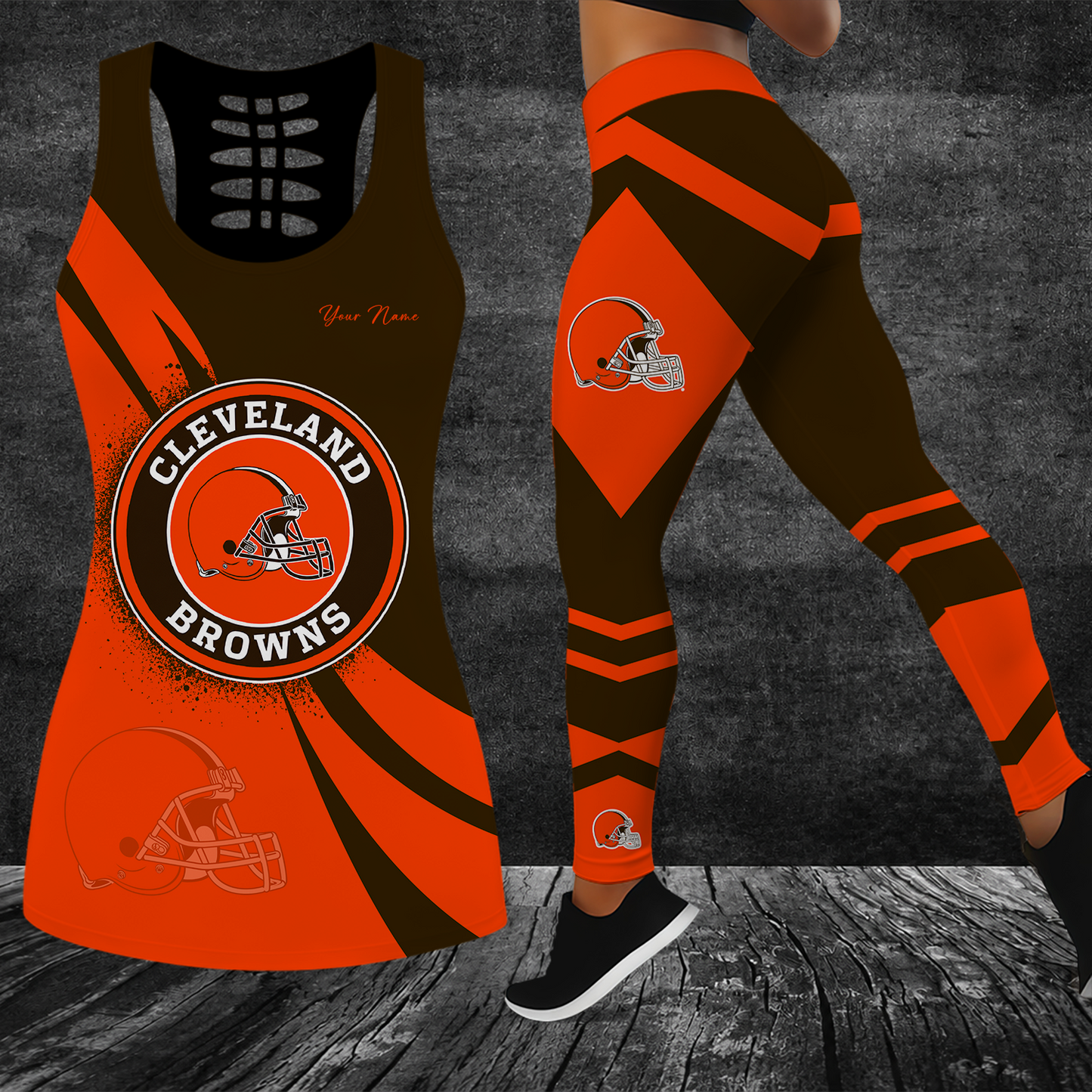[SPECIAL OFFER] NEW CUSTOMIZED NFL29 CLB CLEVELAND BROWNS HOLLOW TANK TOP & LEGGINGS SET