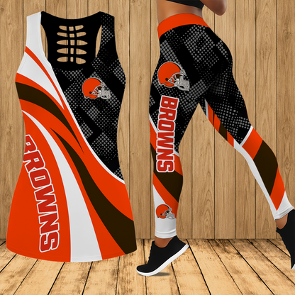 [SPECIAL OFFER] NEW CUSTOMIZED NFL29 CLB CLEVELAND BROWNS HOLLOW TANK TOP & LEGGINGS SET